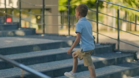 Elementary schoolboy walking down steps at modern school entrance Stock Footage 313218639