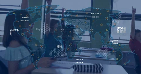 Elementary student raising hand after prompt in class revealing map with data Stock Footage 311141561