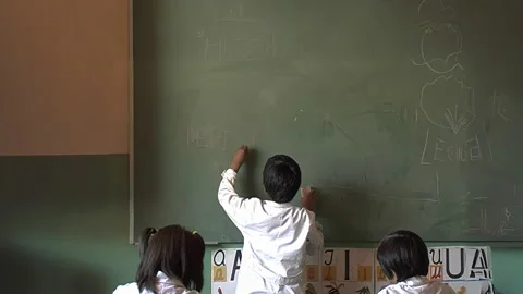 Elementary Student Writing on Chalkboard in Classroom Vidéo 333646029