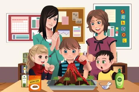 Elementary students doing a volcano experiment Stock Illustration