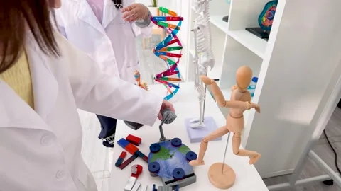 Elementary Students in Lab Coats Studying Science Models in Classroom Stock Footage 340183151