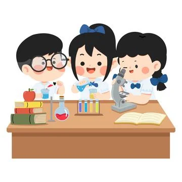 Elementary students performing science experiment in school laboratory for .. Stockillustratie