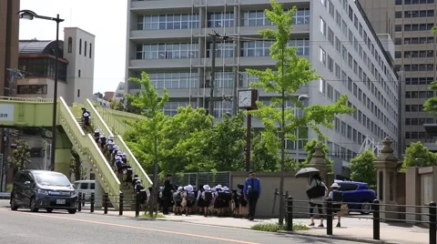 Elementary students walking up crossover Video stock 50894740