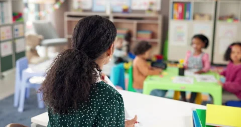 Elementary teacher, marking and results with evaluation in kindergarten, school Stock Footage 306506000
