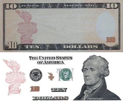 Elements of 10 US dollar banknote Ilustración de archivo