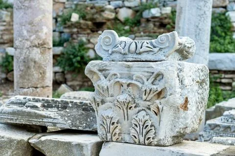 Elements of ancient architecture and ruins of Ephesus, Izmir. Stock Photos