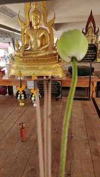 The elements and designs of the altar table are used to place small Stock Photos