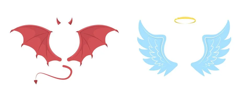 Elements of angel and devil. Blue and red wings, golden halo and horns, bat Stock Illustration