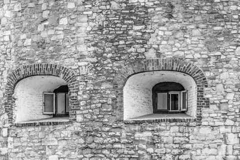 Elements of architectural decorations of buildings with windows Stock Photos