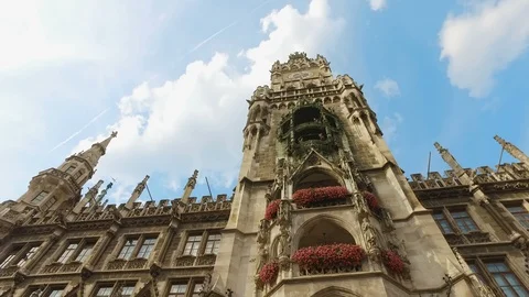 Elements of architecture and statues of the new city hall on Marienplatz, Munich Stock Footage 107494346