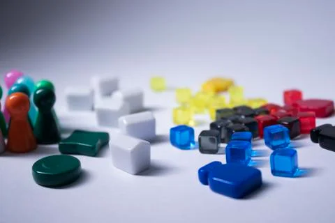 Elements - attributes for board games - figures, cubes, bottles, houses. On Foto stock
