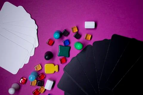 Elements - attributes for board games - figures, cards, cubes, bottles, points Stock Photos