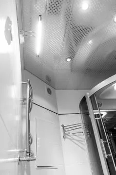 Elements of the bathroom interior-modern design, chrome details, parts of the Foto stock