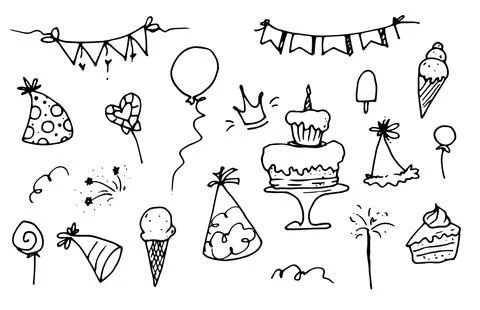 Elements of the birthday. A hand-drawn set with a birthday cake, balloons, flags Stock Illustration