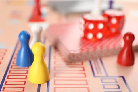 Elements of board game on table, closeup 库存照片