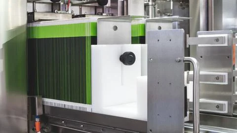 Elements of cardboard boxes are collected in stack. Conveyor line for the pro 库存照片