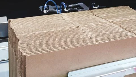 Elements of cardboard boxes are collected in stack. Conveyor line for the pro 스톡 사진