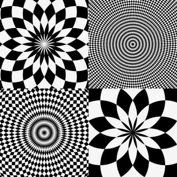 Elements with checkered marble-like circular pattern. Concentric chequered te 库存插图