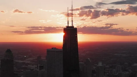 Elements of Chicago downtown skyline on gold sunset evening time. Drone aerial Stock Footage 281262402