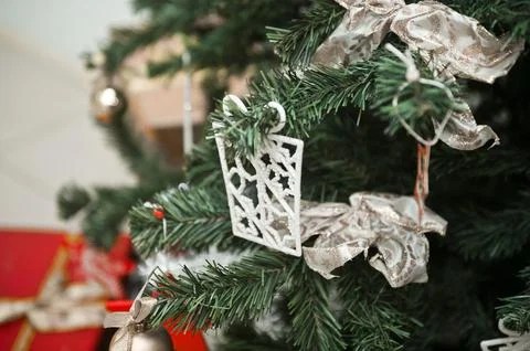Elements of a Christmas tree with decorations in close-up 3755. 스톡 사진