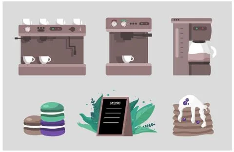 Elements for a coffee shop - a set of different coffee machines and macaroon Illustrazione stock