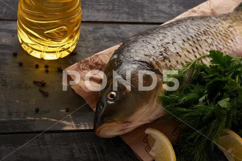 Elements for cooking fish carp Stock Photos