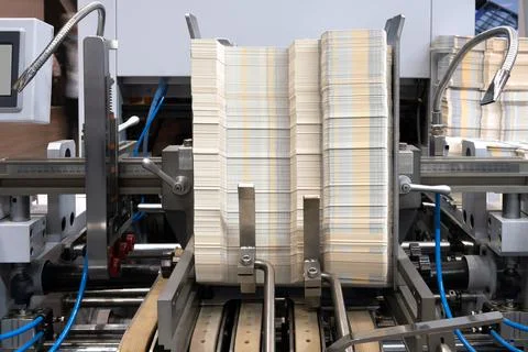 Elements of corton boxes are collected in stack. Conveyor line for the produc 스톡 사진