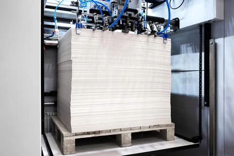 Elements of corton boxes are collected in stack. Conveyor line for the produc Foto stock