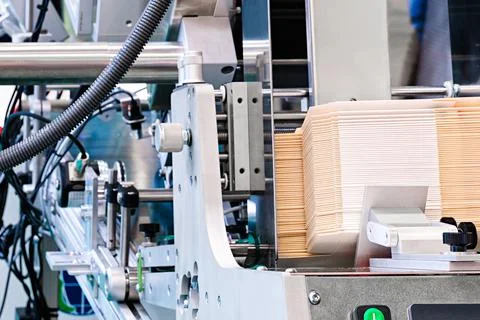 Elements of corton boxes are collected in stack. Conveyor line for the produc Foto stock