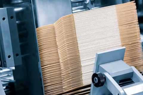 Elements of corton boxes are collected in stack. Conveyor line for the produc Foto stock