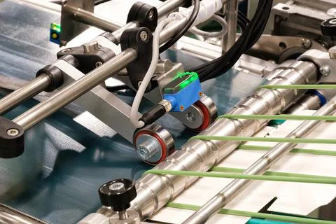 Elements of corton boxes are collected in stack. Conveyor line for the produc Stock Photos