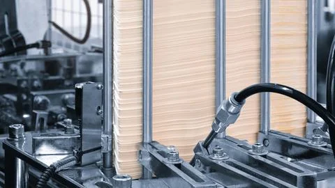 Elements of corton boxes are collected in stack. Conveyor line for the produc Foto stock