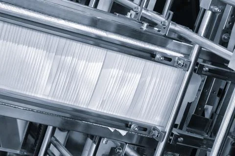 Elements of corton boxes are collected in stack. Conveyor line for the produc Stock Photos