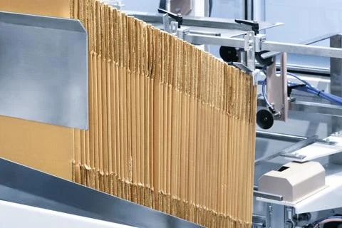 Elements of corton boxes are collected in stack. Conveyor line for the produc 库存照片