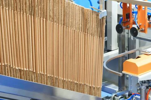 Elements of corton boxes are collected in stack. Conveyor line for the produc Foto stock