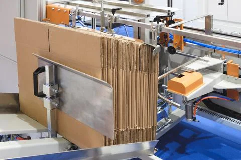 Elements of corton boxes are collected in stack. Conveyor line for the produc Foto stock