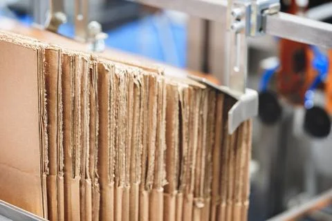 Elements of corton boxes are collected in stack. Conveyor line for the produc Foto stock