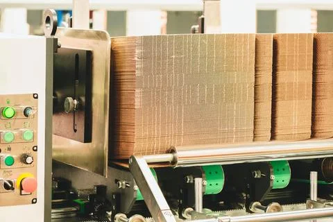 Elements of corton boxes are collected in stack. Conveyor line for the produc Foto stock