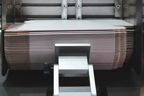 Elements of corton boxes are collected in stack. Conveyor line for the produc 스톡 사진