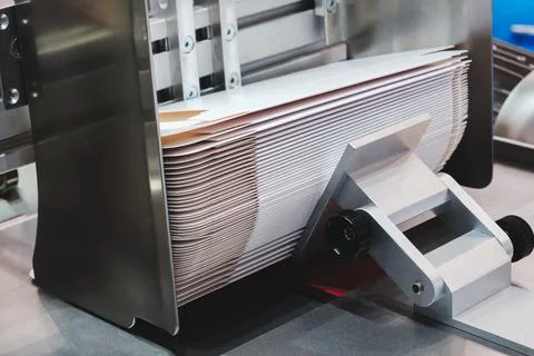 Elements of corton boxes are collected in stack. Conveyor line for the produc Foto stock