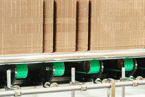 Elements of corton boxes are collected in stack. Conveyor line for the produc Foto stock