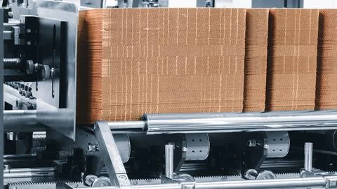 Elements of corton boxes are collected in stack. Conveyor line for the produc Foto stock