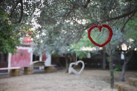Elements of decor in the form of hearts hung on a tree in the garden 스톡 사진