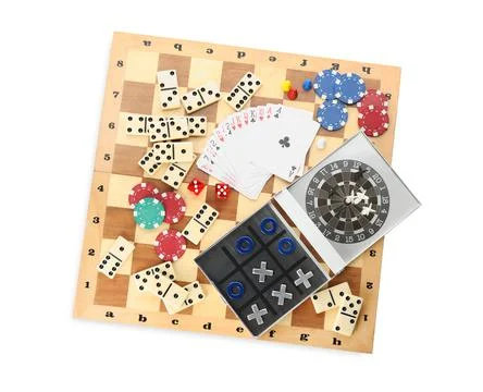 Elements of different board games on white background, top view Foto stock