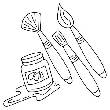 Elements of drawing tools. Brushes and a can of paint. Outline doodle illustr Illustrazione stock