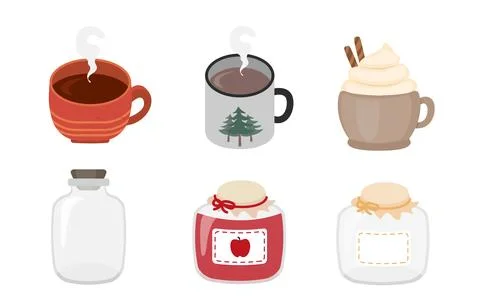 Elements Featuring hot drink, dessert sundae and fruit jam in a glass bottle Stock Illustration