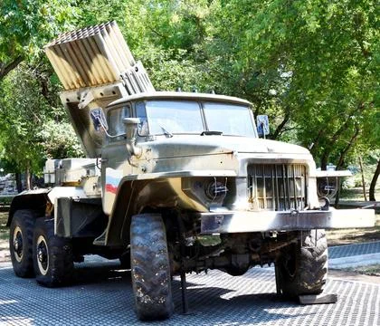 Elements of the Grad BM-21 MLRS are a Soviet and Russian multiple rocket l... Foto stock