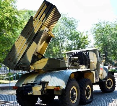 Elements of the Grad BM-21 MLRS are a Soviet and Russian multiple rocket l... Foto stock