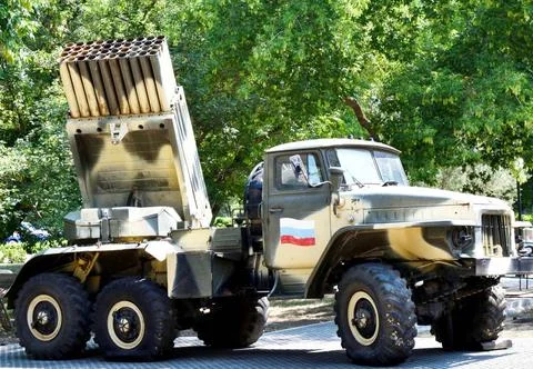 Elements of the Grad BM-21 MLRS are a Soviet and Russian multiple rocket l... Foto stock