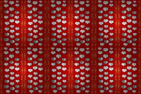 Elements on gray, red and white colors. Seamless Hearts pattern. Typography lett Stock Illustration